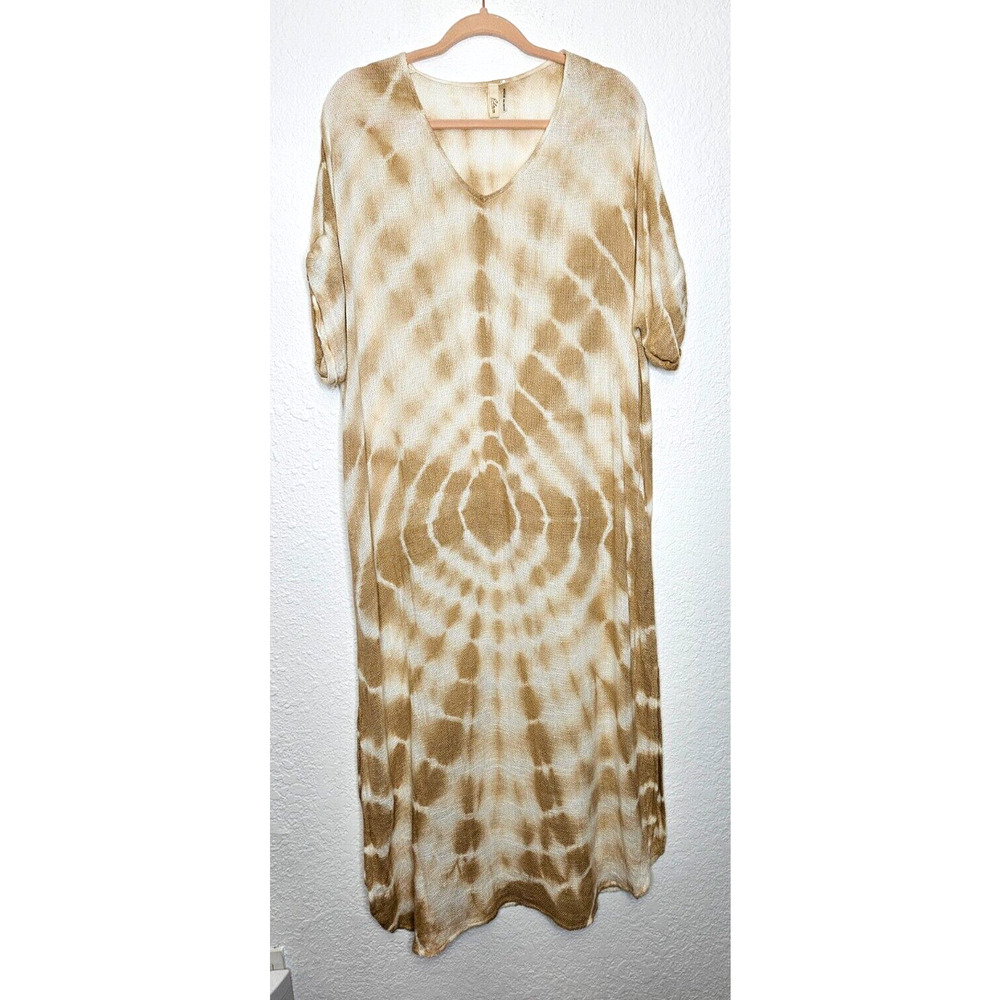 Elan Womens Maxi T-Shirt Dress One Size Dusty Rose Tan Tie Dye V-Neck Beach Boho